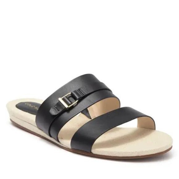 NEW COLE HAAN Francine Demi Wedge Slide Sandal Shoe Womens Size 7B Black Leather - Picture 1 of 6